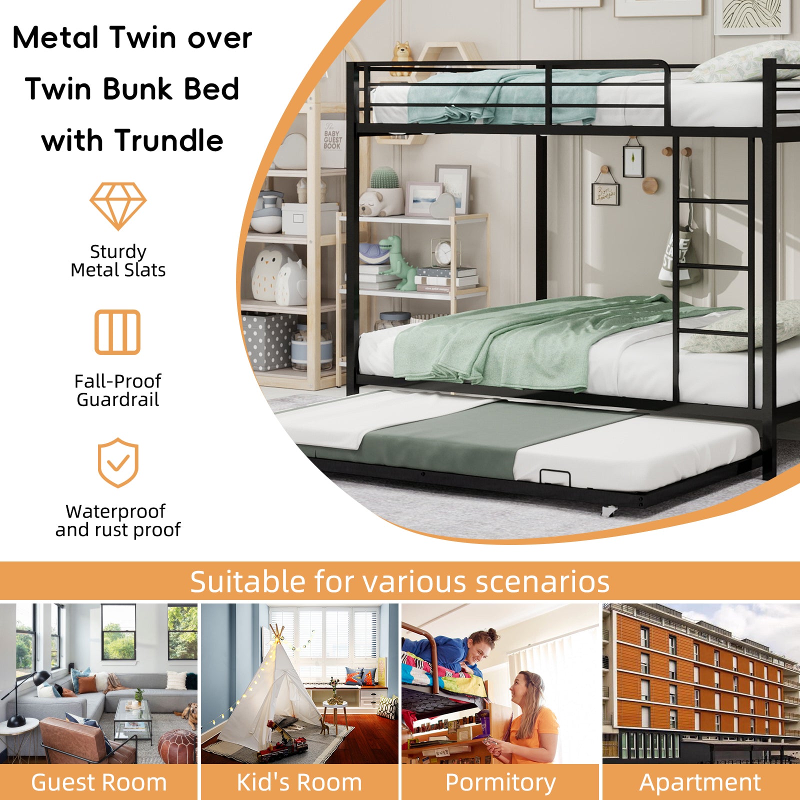 Full Size Iron Bunk Bed with Trundle - Black