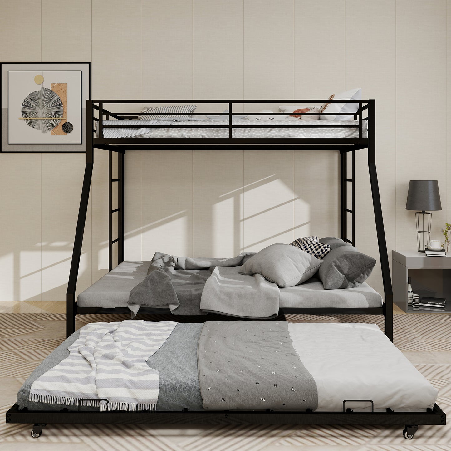 High-Stability Bunk Bed - Black Iron Frame, Ladder & Trundle for Bedroom