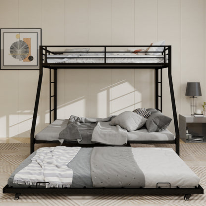 High-Stability Bunk Bed - Black Iron Frame, Ladder & Trundle for Bedroom