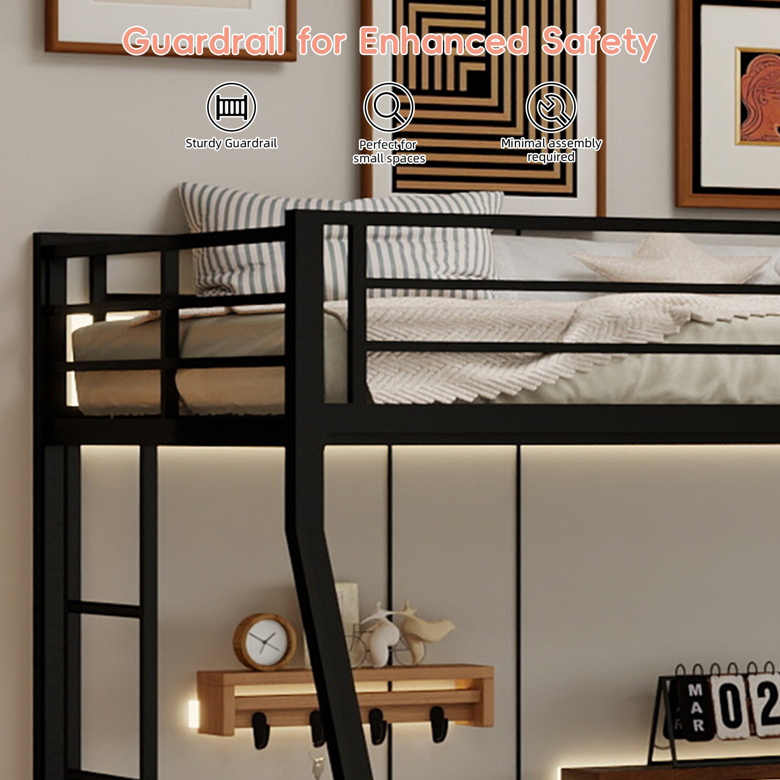 High-Stability Bunk Bed - Black Iron Frame, Ladder & Trundle for Bedroom