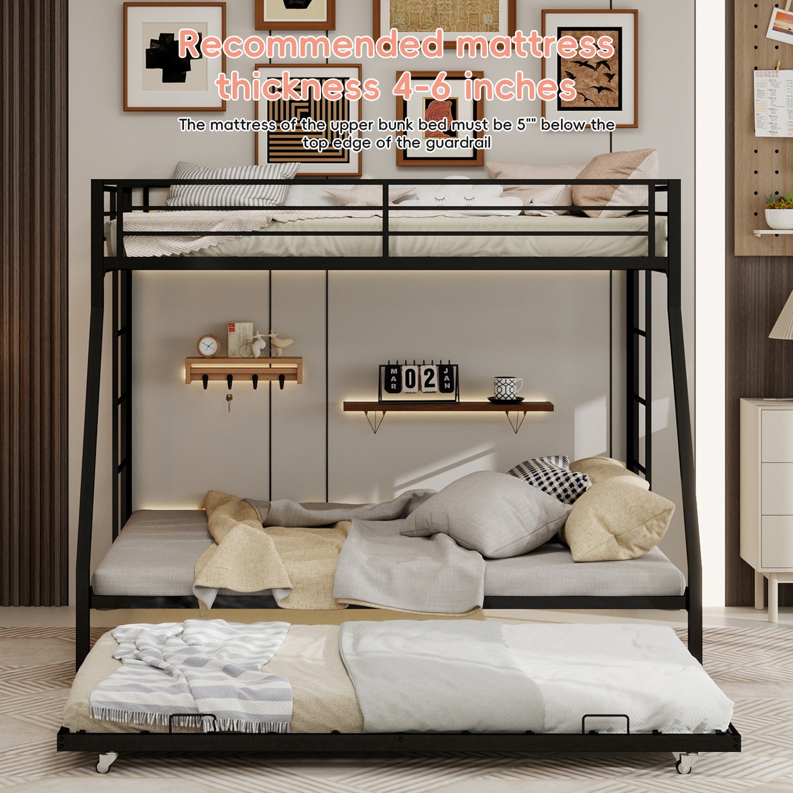 High-Stability Bunk Bed - Black Iron Frame, Ladder & Trundle for Bedroom