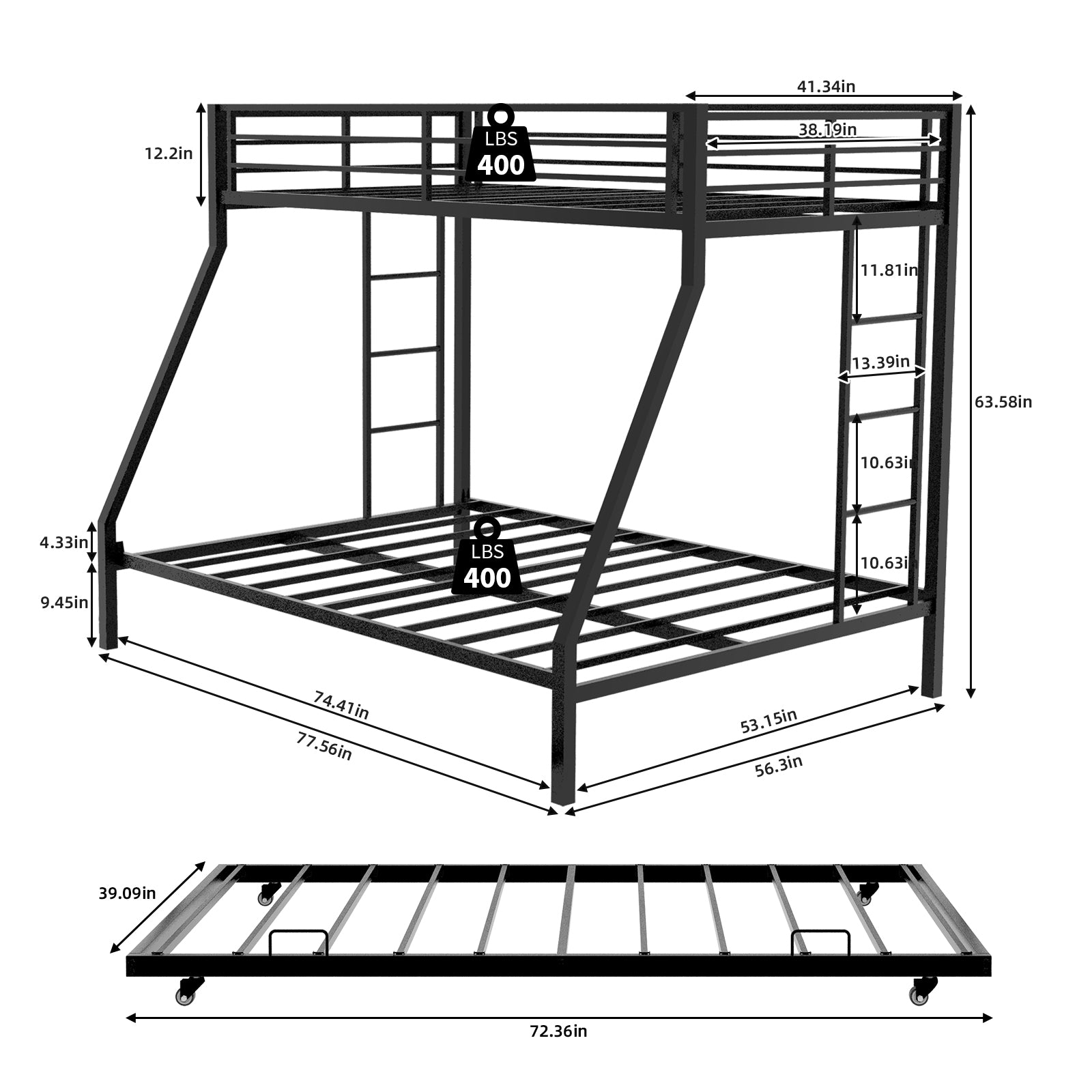 High-Stability Bunk Bed - Black Iron Frame, Ladder & Trundle for Bedroom