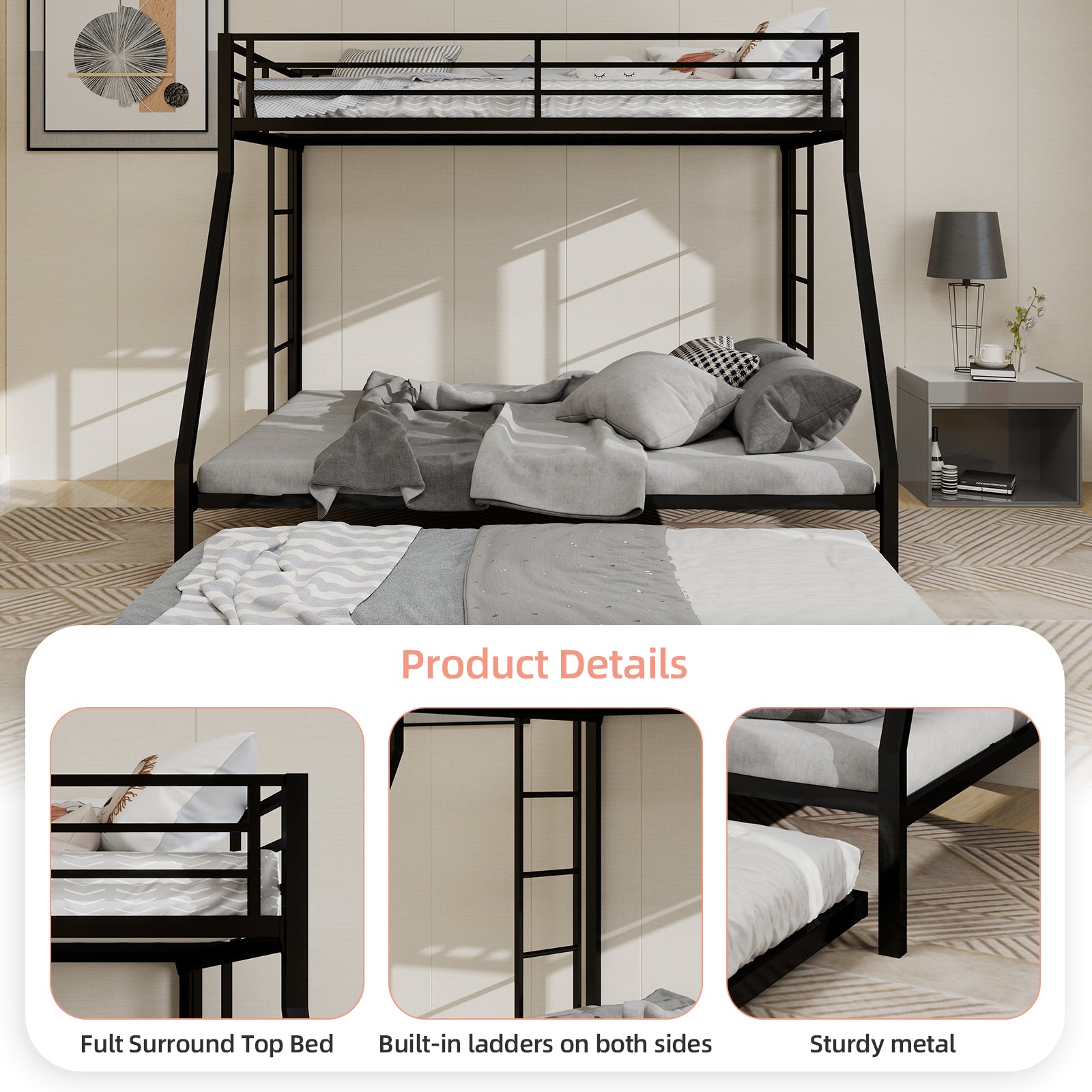 High-Stability Bunk Bed - Black Iron Frame, Ladder & Trundle for Bedroom