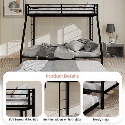 High-Stability Bunk Bed - Black Iron Frame, Ladder & Trundle for Bedroom