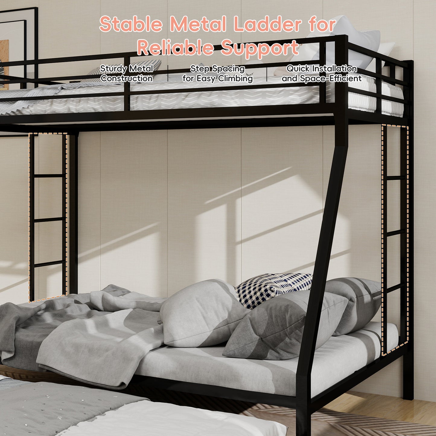 High-Stability Bunk Bed - Black Iron Frame, Ladder & Trundle for Bedroom