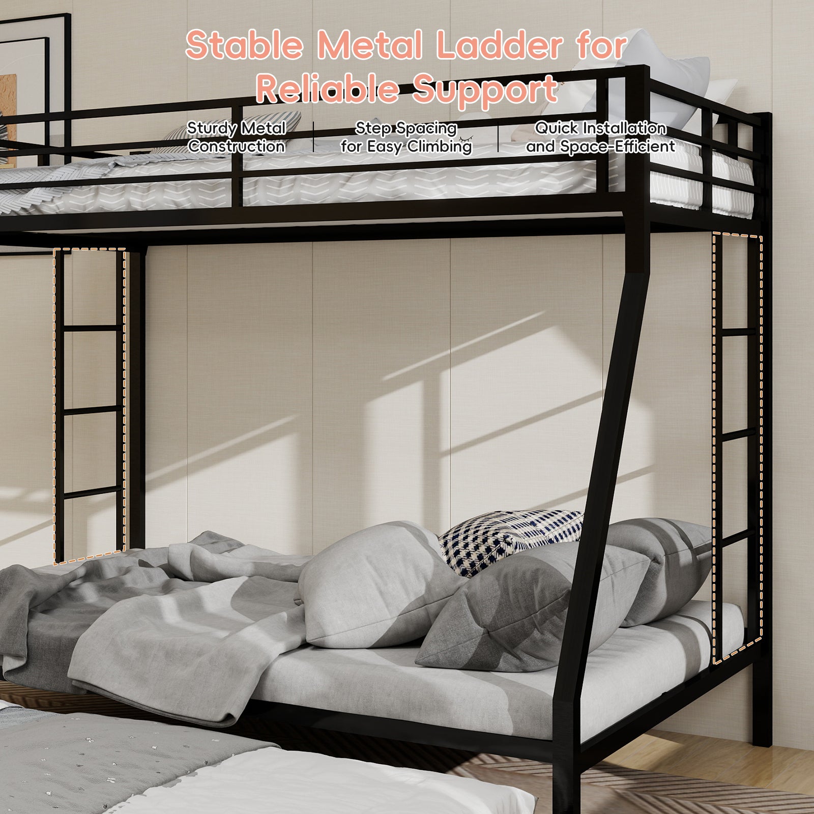 High-Stability Bunk Bed - Black Iron Frame, Ladder & Trundle for Bedroom