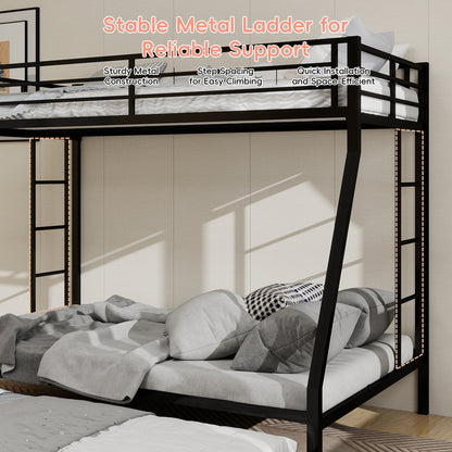 High-Stability Bunk Bed - Black Iron Frame, Ladder & Trundle for Bedroom