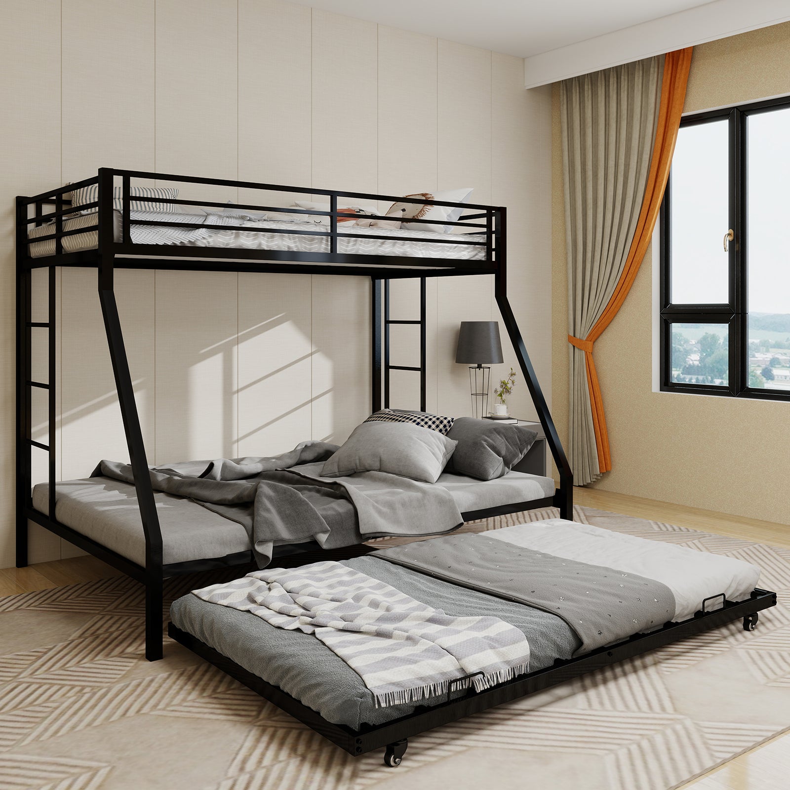 High-Stability Bunk Bed - Black Iron Frame, Ladder & Trundle for Bedroom
