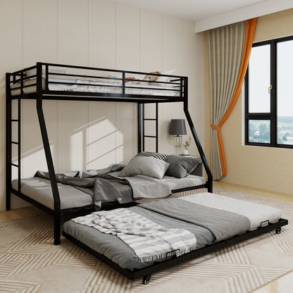 High-Stability Bunk Bed - Black Iron Frame, Ladder & Trundle for Bedroom