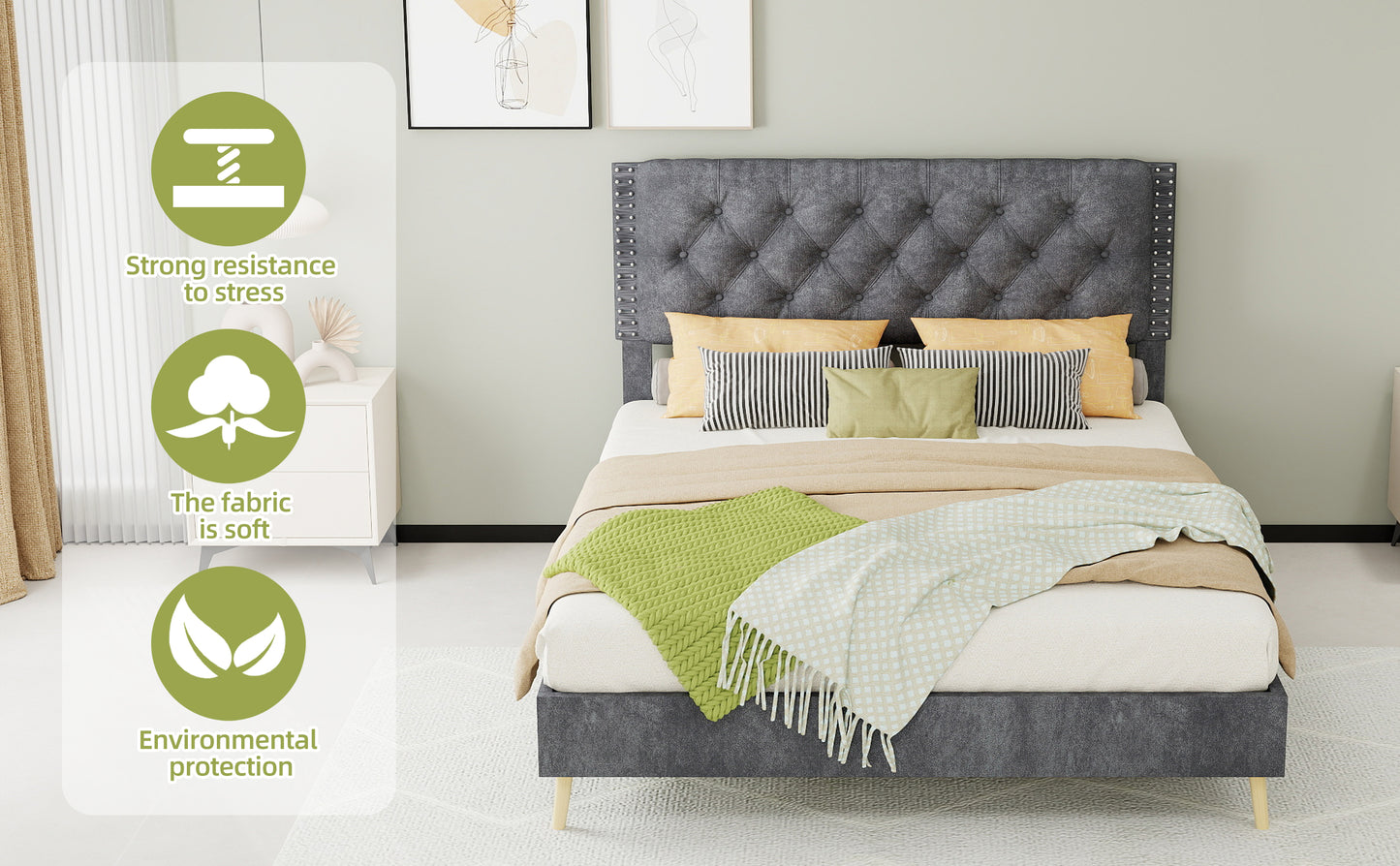 Full Grey Bed Frame with Tufted Headboard - Bedroom Furniture