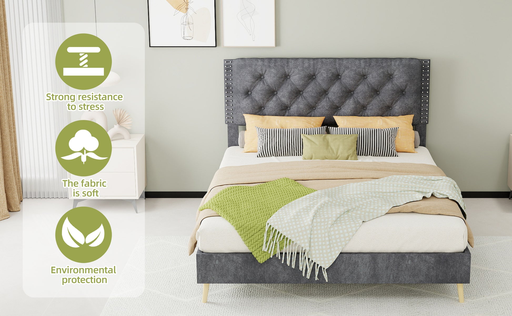 Full Grey Bed Frame with Tufted Headboard - Bedroom Furniture