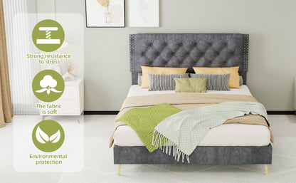 Full Grey Bed Frame with Tufted Headboard - Bedroom Furniture
