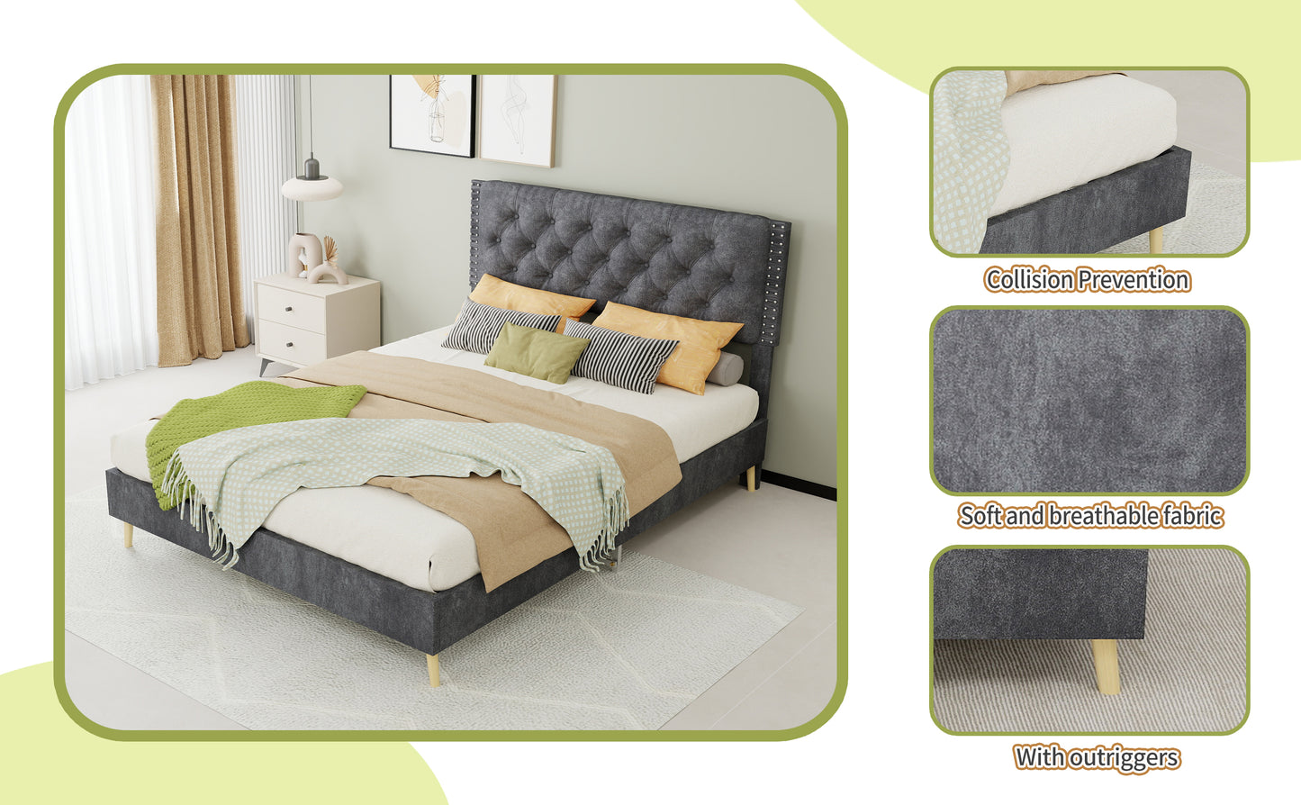 Full Grey Bed Frame with Tufted Headboard - Bedroom Furniture