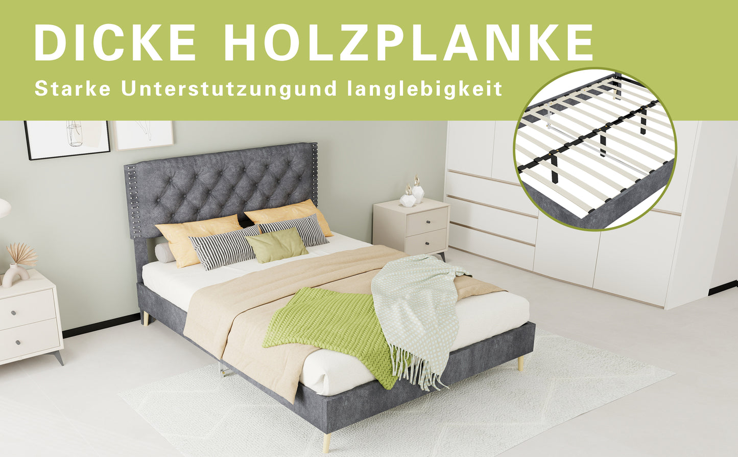 Full Grey Bed Frame with Tufted Headboard - Bedroom Furniture
