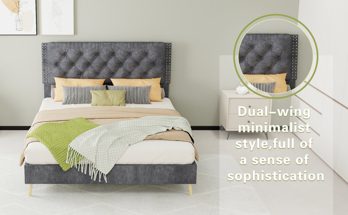 Full Grey Bed Frame with Tufted Headboard - Bedroom Furniture