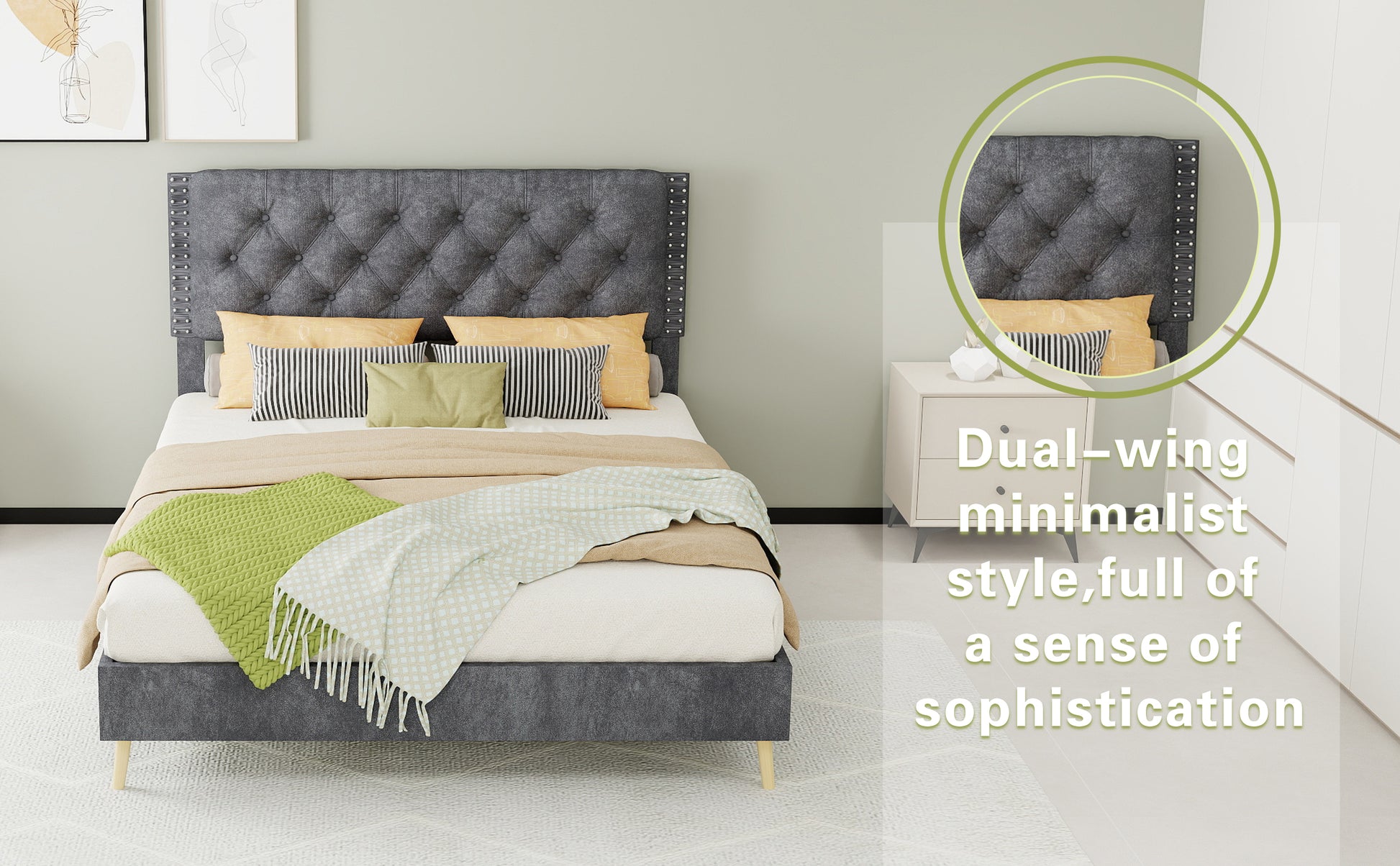 Full Grey Bed Frame with Tufted Headboard - Bedroom Furniture