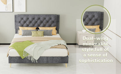 Full Grey Bed Frame with Tufted Headboard - Bedroom Furniture