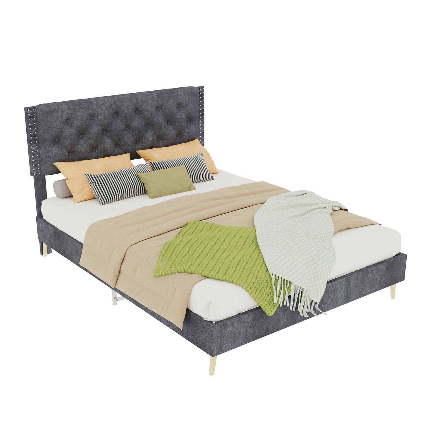Full Grey Bed Frame with Tufted Headboard - Bedroom Furniture