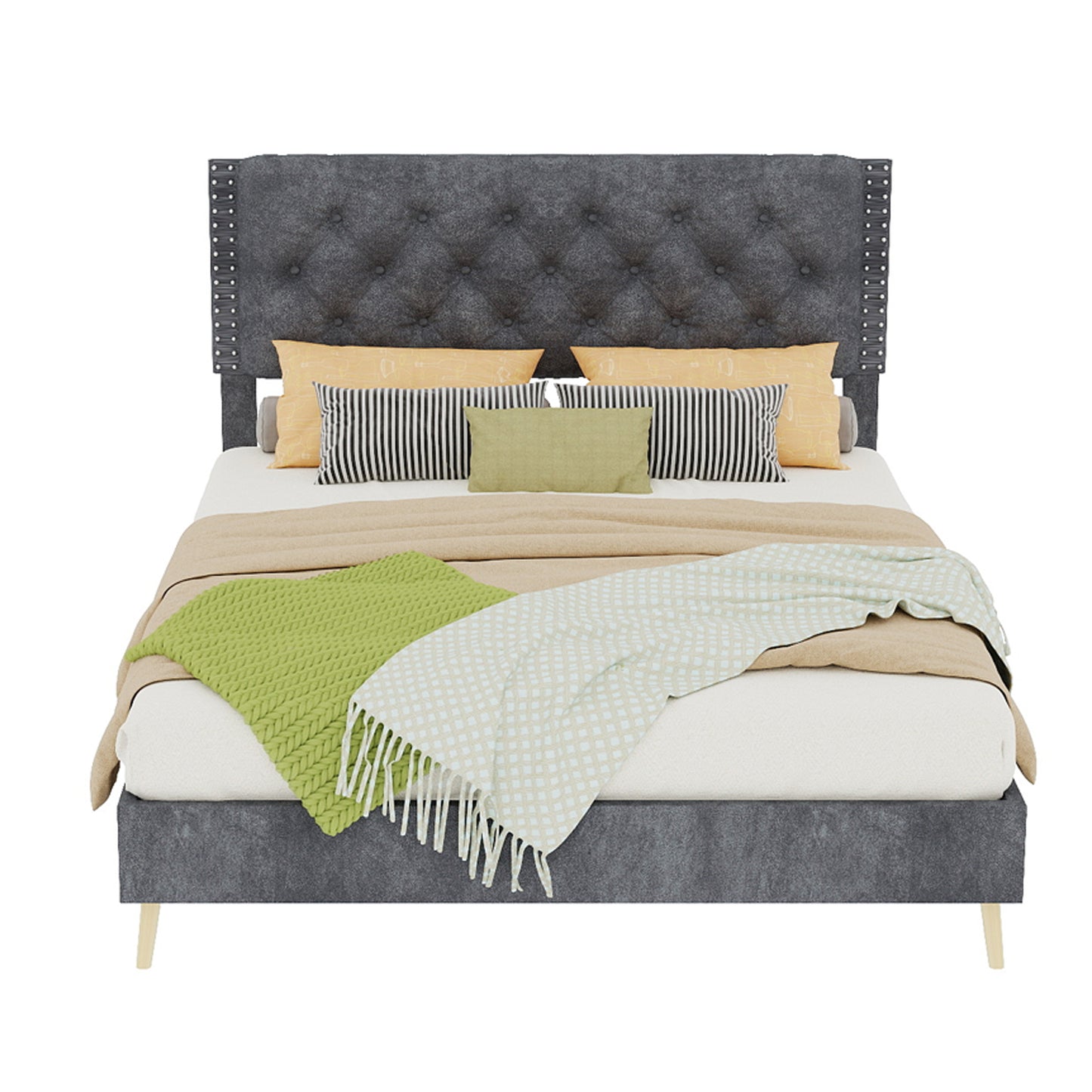 Full Grey Bed Frame with Tufted Headboard - Bedroom Furniture