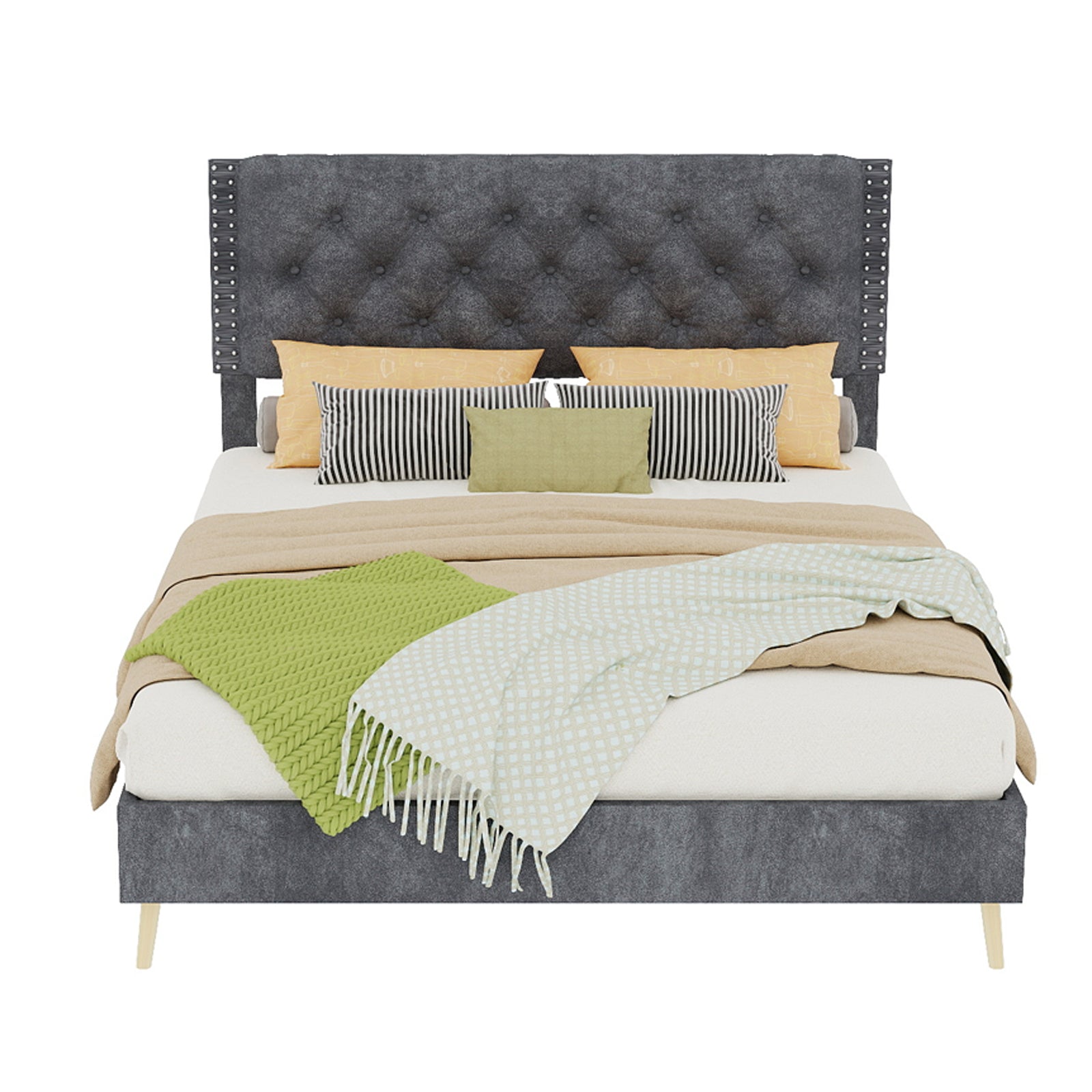 Full Grey Bed Frame with Tufted Headboard - Bedroom Furniture
