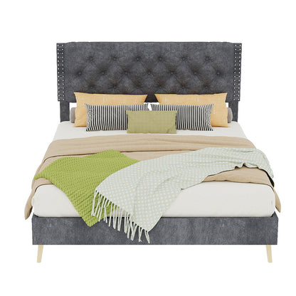 Full Grey Bed Frame with Tufted Headboard - Bedroom Furniture