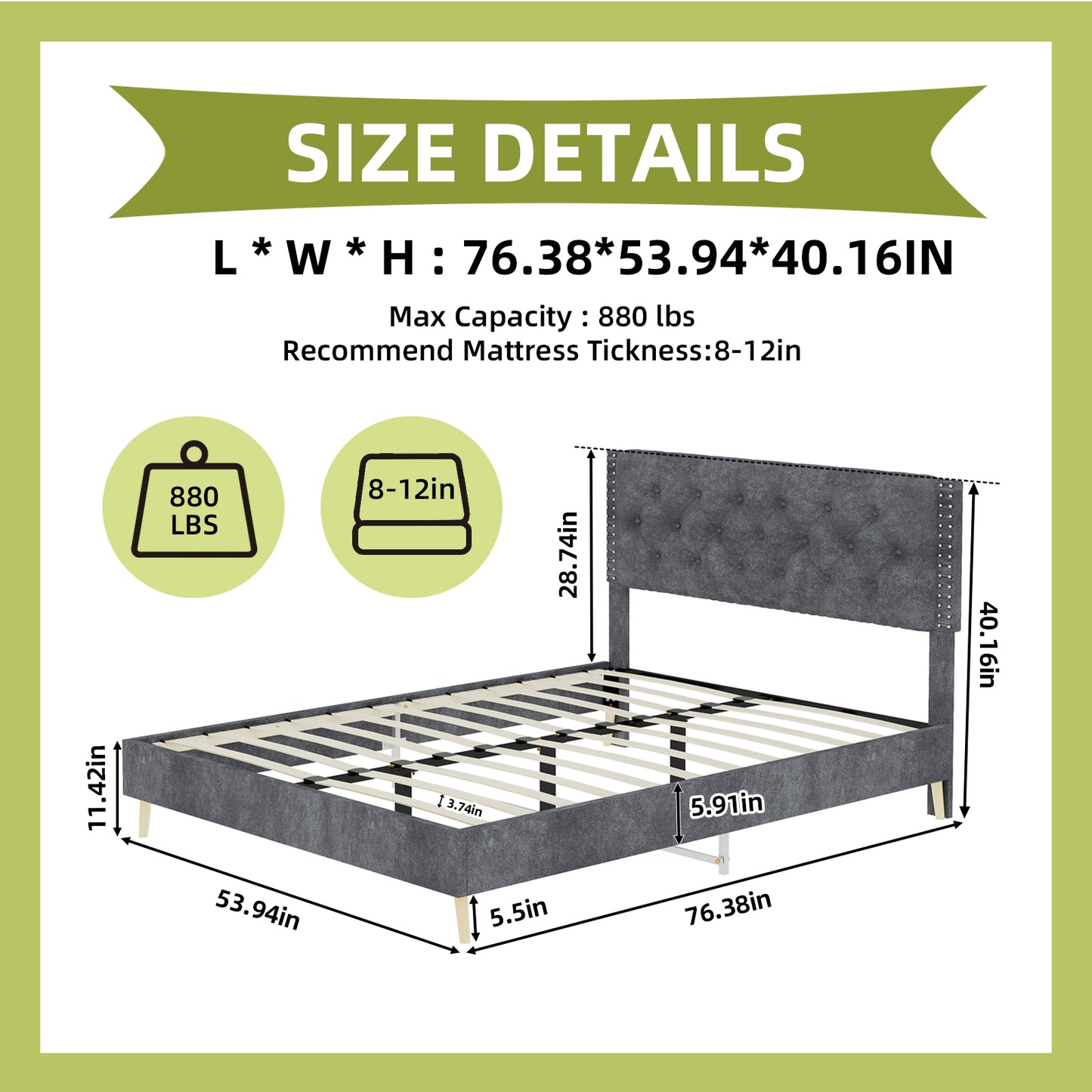 Full Grey Bed Frame with Tufted Headboard - Bedroom Furniture