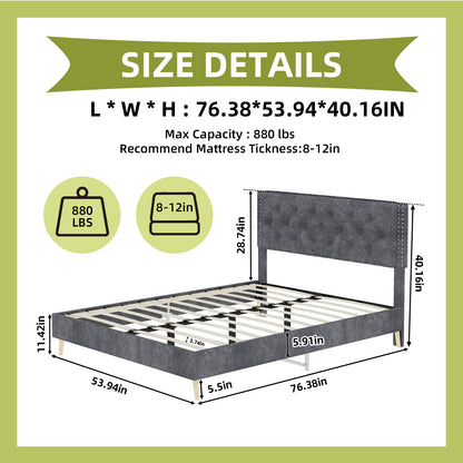 Full Grey Bed Frame with Tufted Headboard - Bedroom Furniture