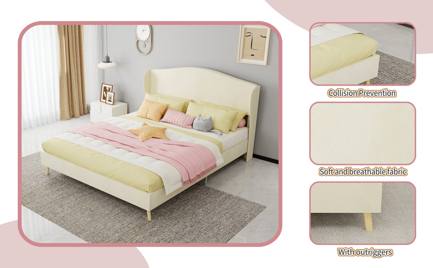 Queen Size Beige Velvet Upholstered Bed - Box Spring Required