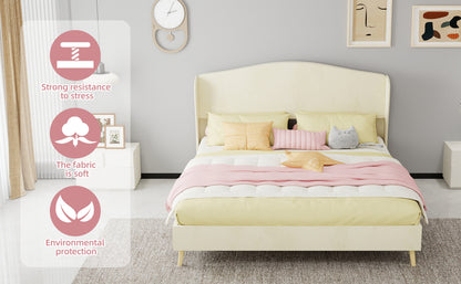 Queen Size Beige Velvet Upholstered Bed - Box Spring Required