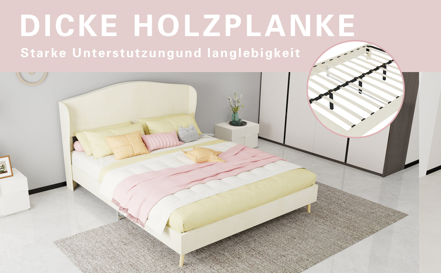 Queen Size Beige Velvet Upholstered Bed - Box Spring Required