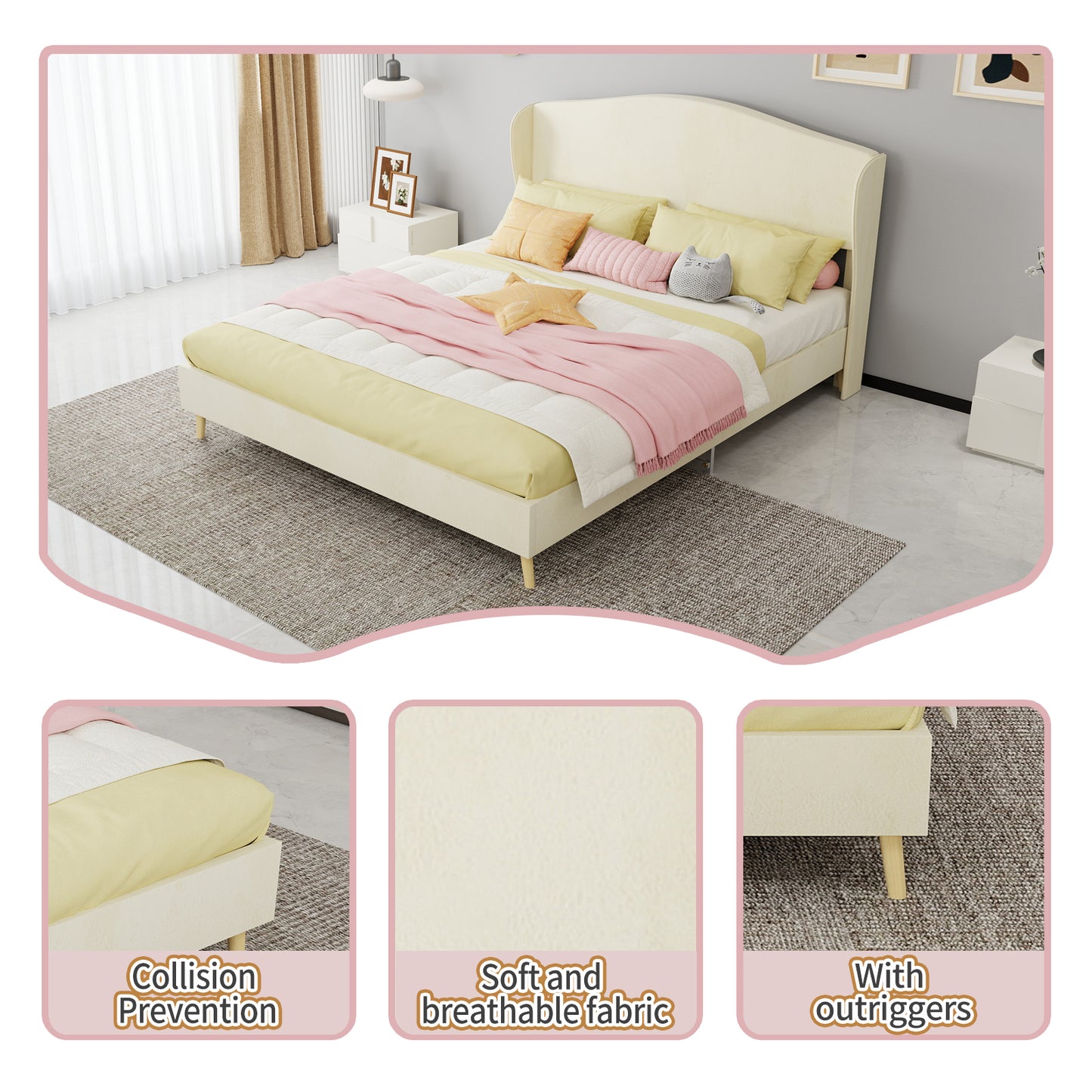 Queen Size Beige Velvet Upholstered Bed - Box Spring Required