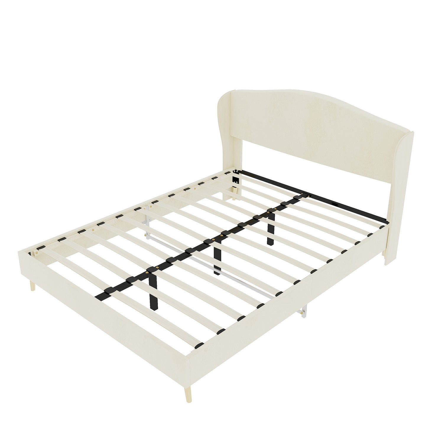Queen Size Beige Velvet Upholstered Bed - Box Spring Required