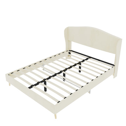 Queen Size Beige Velvet Upholstered Bed - Box Spring Required