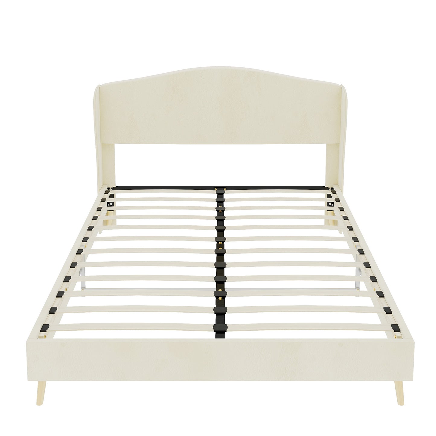Queen Size Beige Velvet Upholstered Bed - Box Spring Required