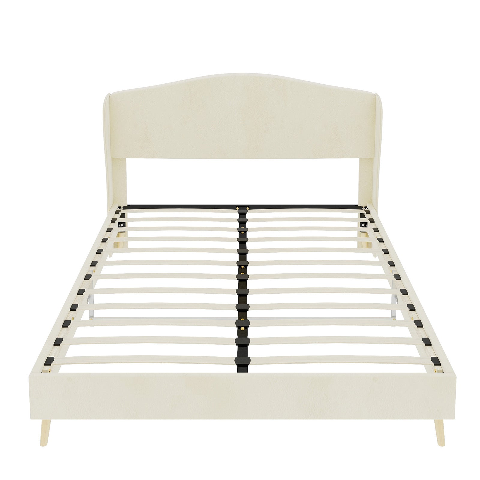 Queen Size Beige Velvet Upholstered Bed - Box Spring Required