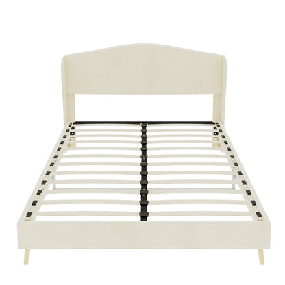 Queen Size Beige Velvet Upholstered Bed - Box Spring Required