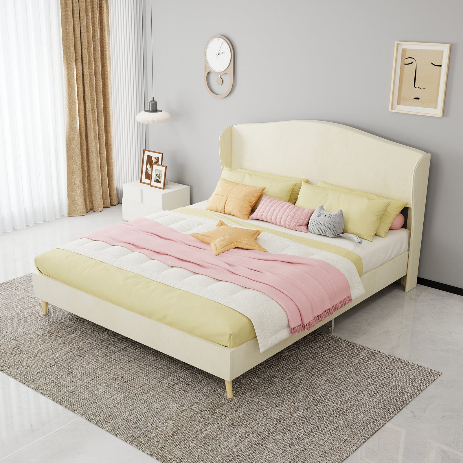 Velvet upholstered bed - enhances the master bedroom with a luxurious and peaceful focus. The sturdy structure ensures peaceful sleep, blending luxury and comfort into one, queen size, color: beige