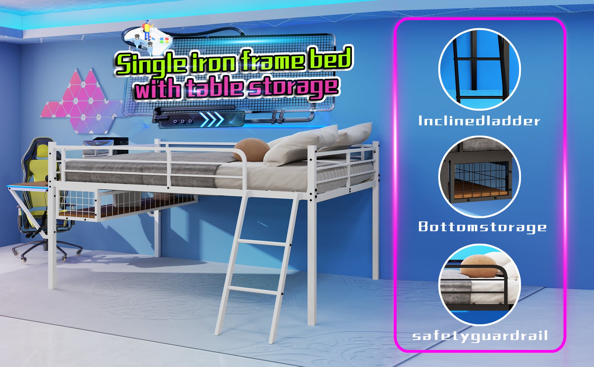 Full Size Iron Loft Bed Frame White with Desk & Storage for Bedroom