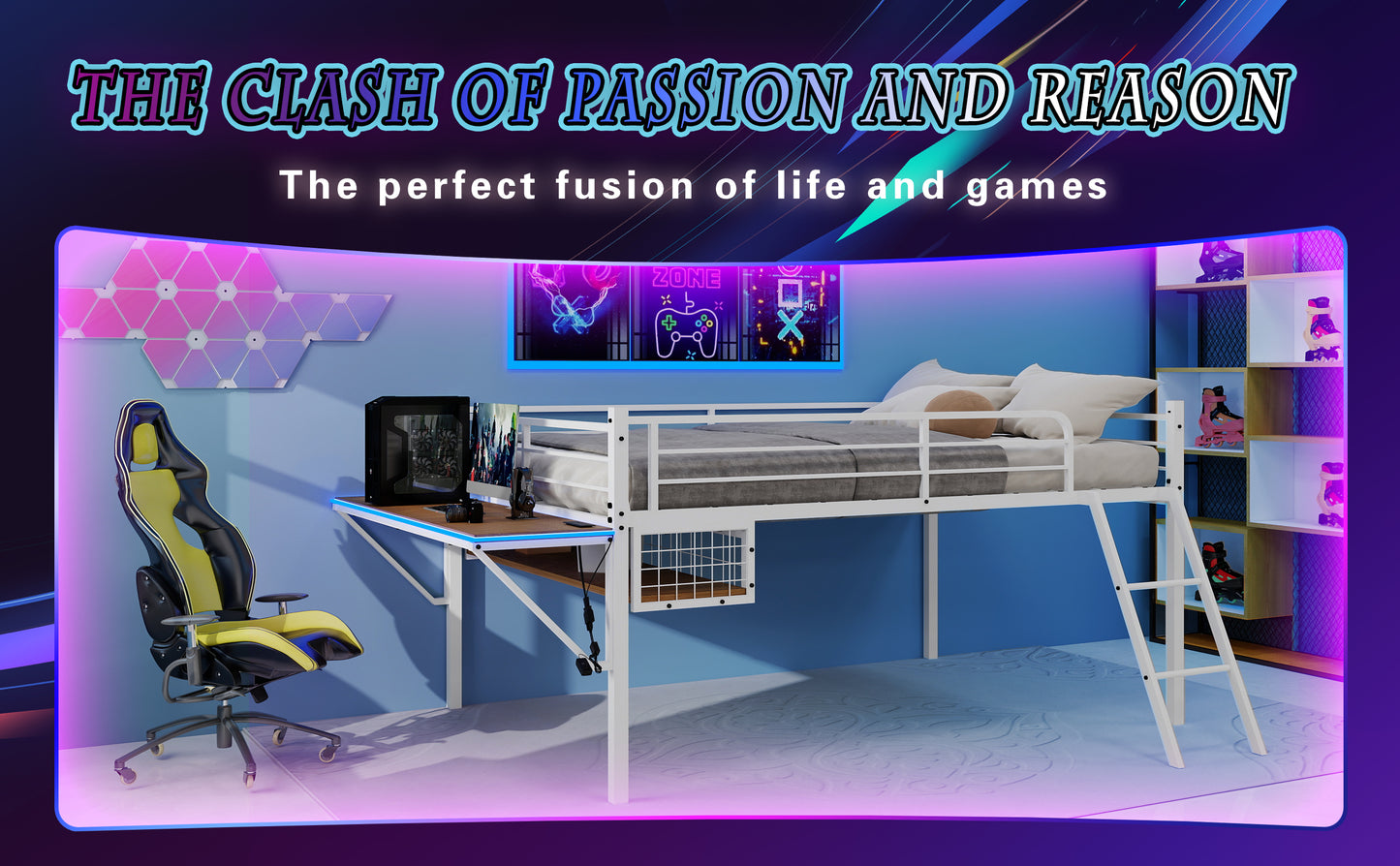 Full Size Iron Loft Bed Frame White with Desk & Storage for Bedroom