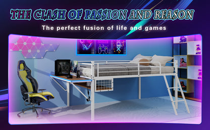 Full Size Iron Loft Bed Frame White with Desk & Storage for Bedroom