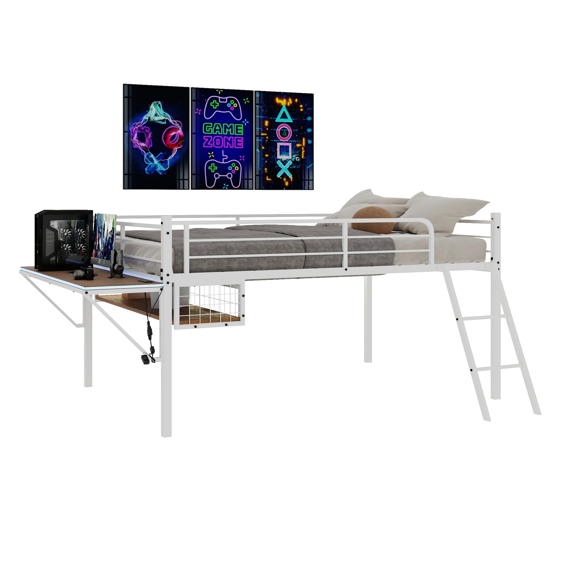 Full Size Iron Loft Bed Frame White with Desk & Storage for Bedroom
