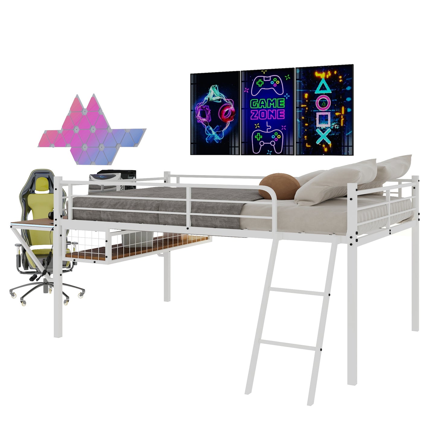 Full Size Iron Loft Bed Frame White with Desk & Storage for Bedroom