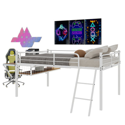 Full Size Iron Loft Bed Frame White with Desk & Storage for Bedroom