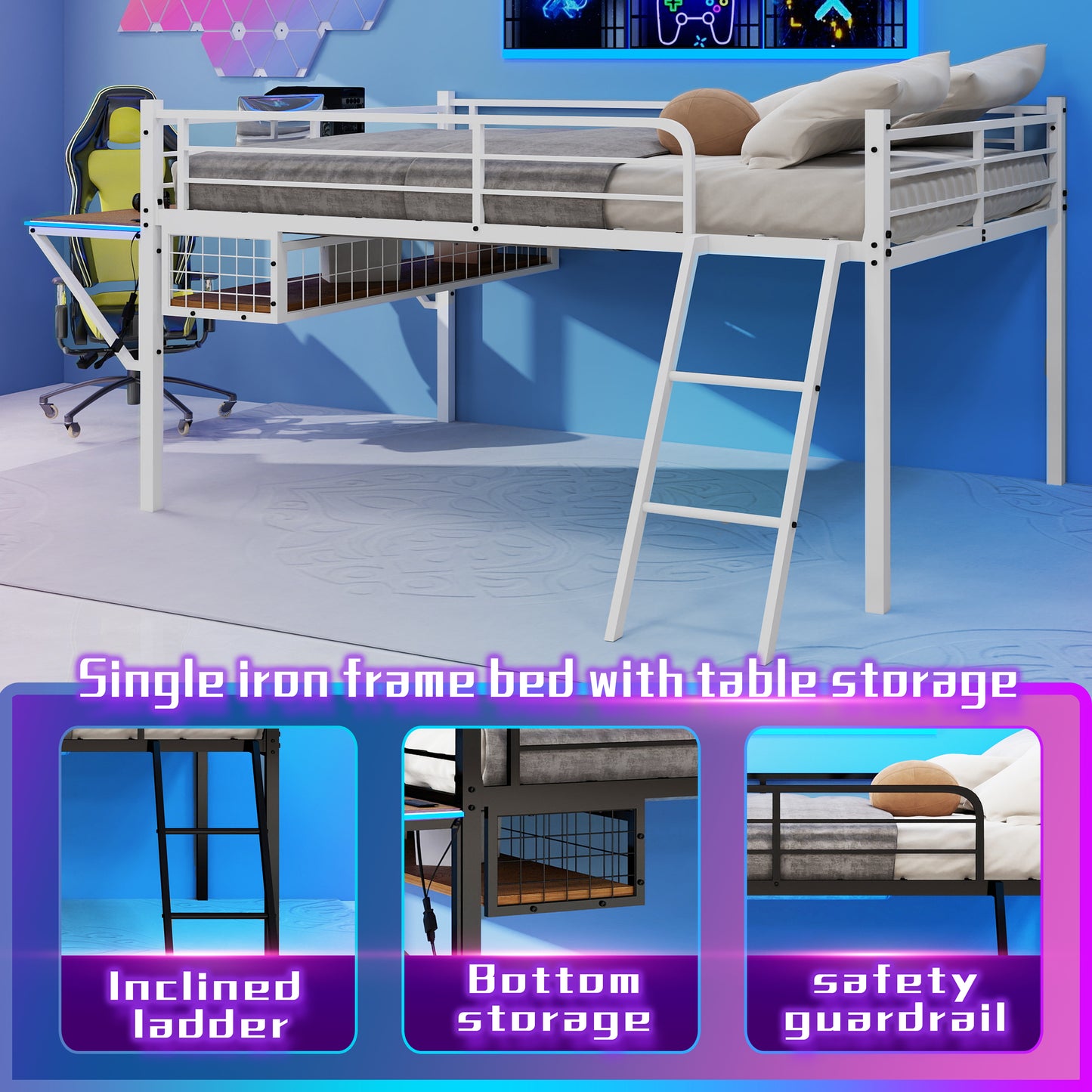 Full Size Iron Loft Bed Frame White with Desk & Storage for Bedroom