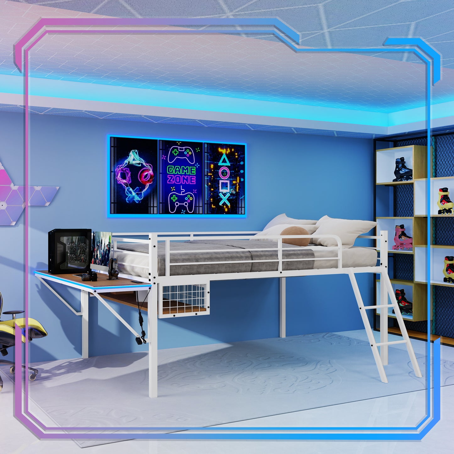 Full Size Metal Loft Bed with Built-in Desk & LED Light Strip, White Loft Bed Frame with Safety Guardrails, Inclined Ladder & Under-bed Storage Space, No Box Spring Needed for Kids/Teens Bedroom