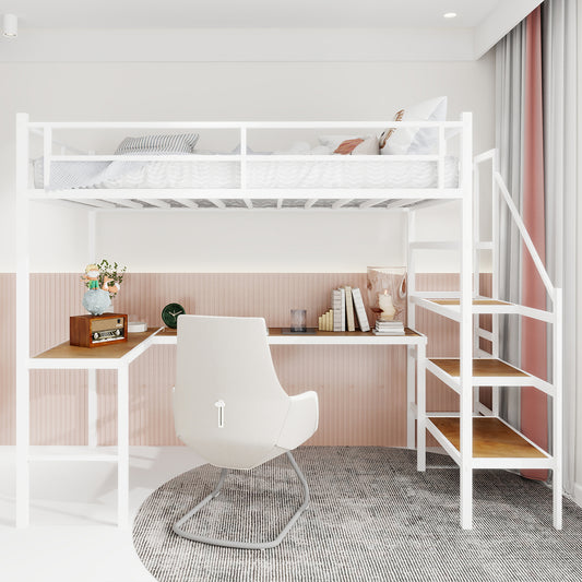 Twin Iron Loft Bed Frame with Desk - White for Bedroom
