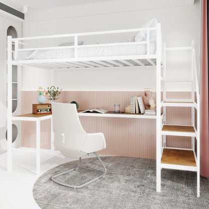 Twin Iron Loft Bed Frame with Desk - White for Bedroom
