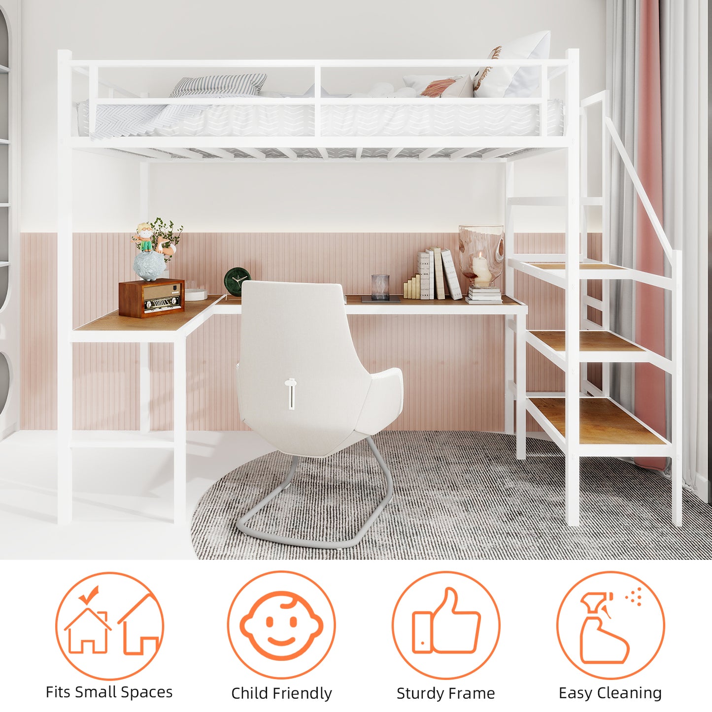 Twin Iron Loft Bed Frame with Desk - White for Bedroom
