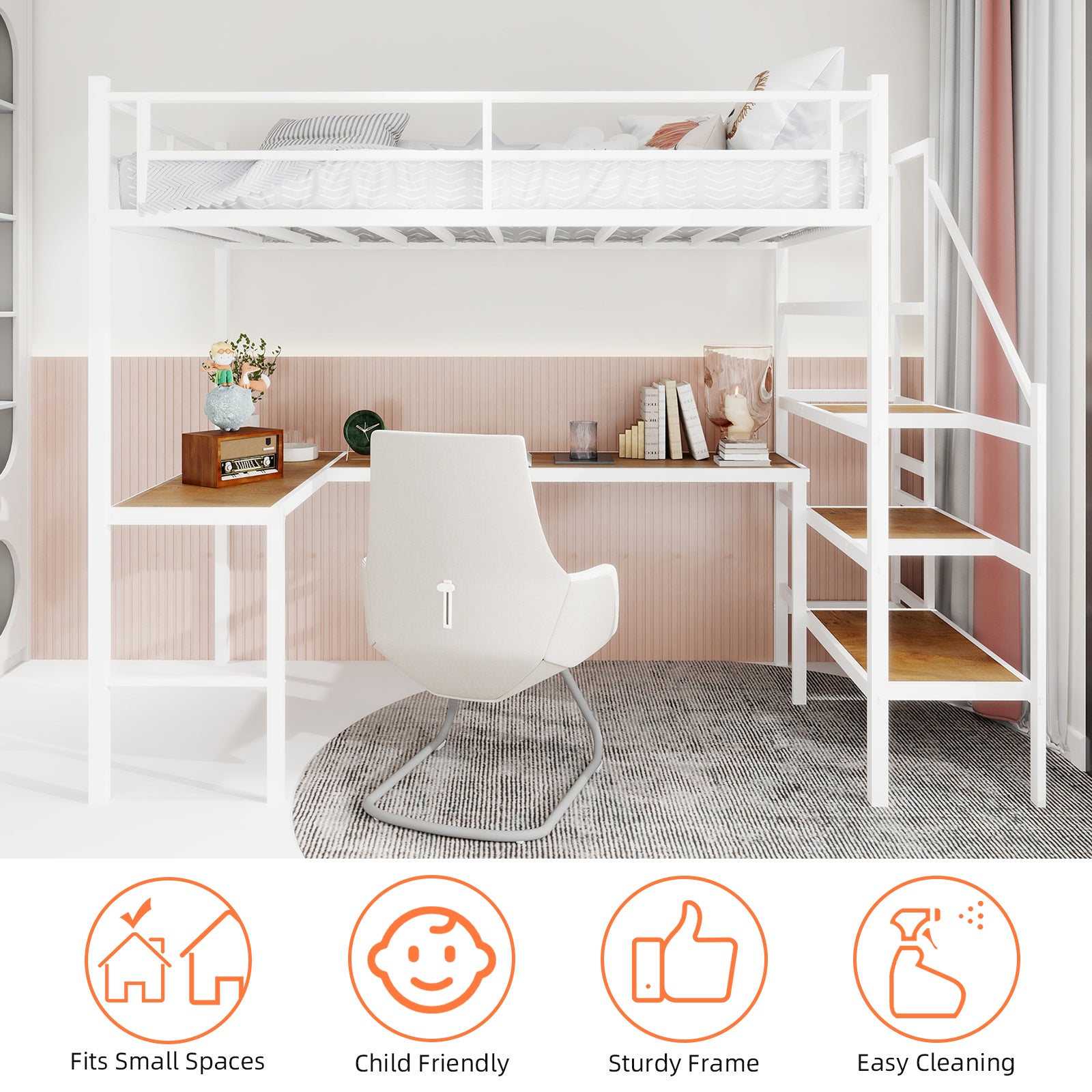 Twin Iron Loft Bed Frame with Desk - White for Bedroom