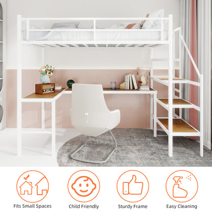 Twin Iron Loft Bed Frame with Desk - White for Bedroom